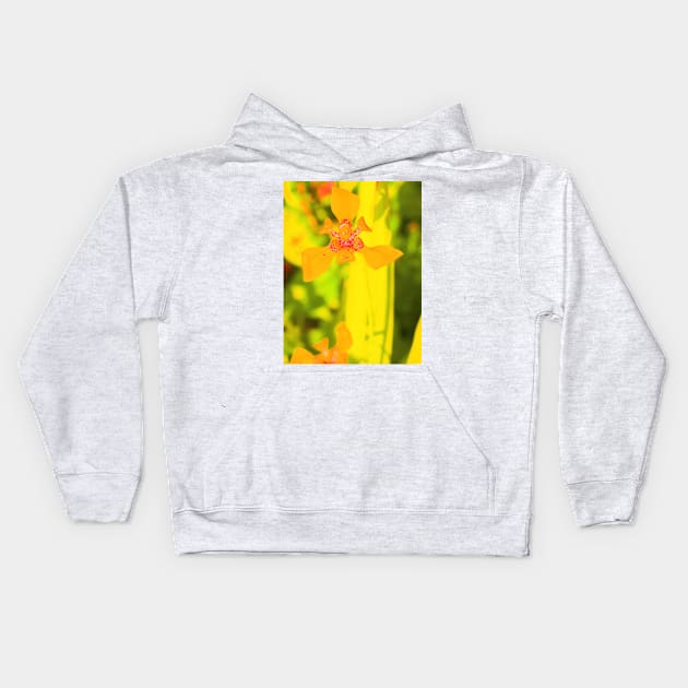 Yellow lily blossom on yellow background Kids Hoodie by kall3bu